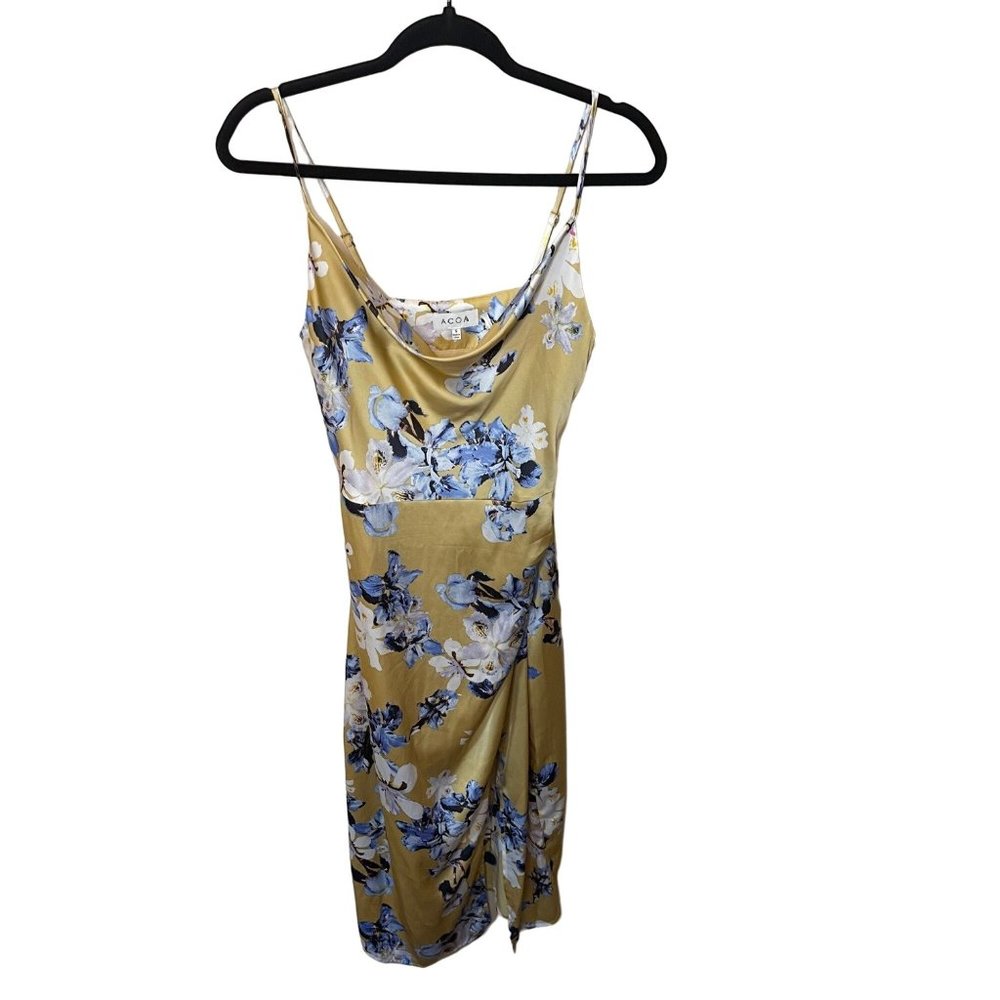 Acoa Satin Yellow Floral Midi Dress with Slit Size Small